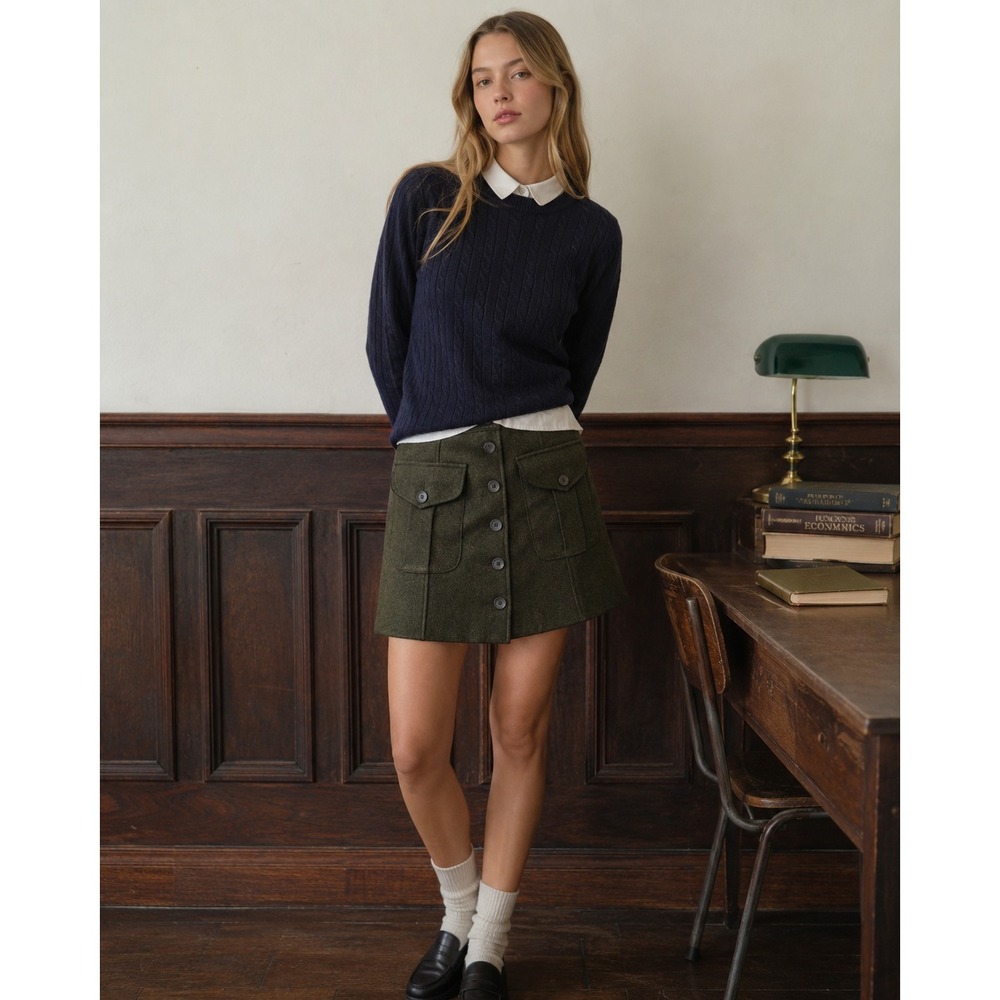 VTG 90s Abercrombie & Fitch Mini Skirt M Olive Green Wool Academia Utility Prep
